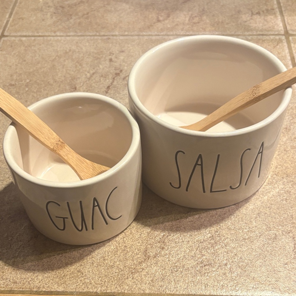 New Rae Dunn Ceramic Guac and Salsa Bowls with Bamboo Spoons